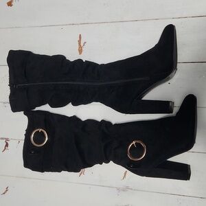 Black Heel Knee High Boots Size 7 Gold Statement Buckles So Soft